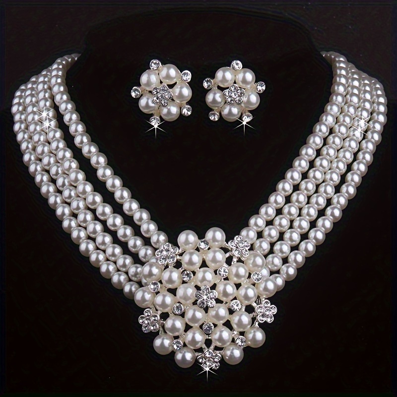 

High End And Atmospheric Flower Necklace With A Pair Of Earrings Set In Milky White, 4-row Bead Necklace, Wedding Banquet, Evening Party, Engagement Set Chain
