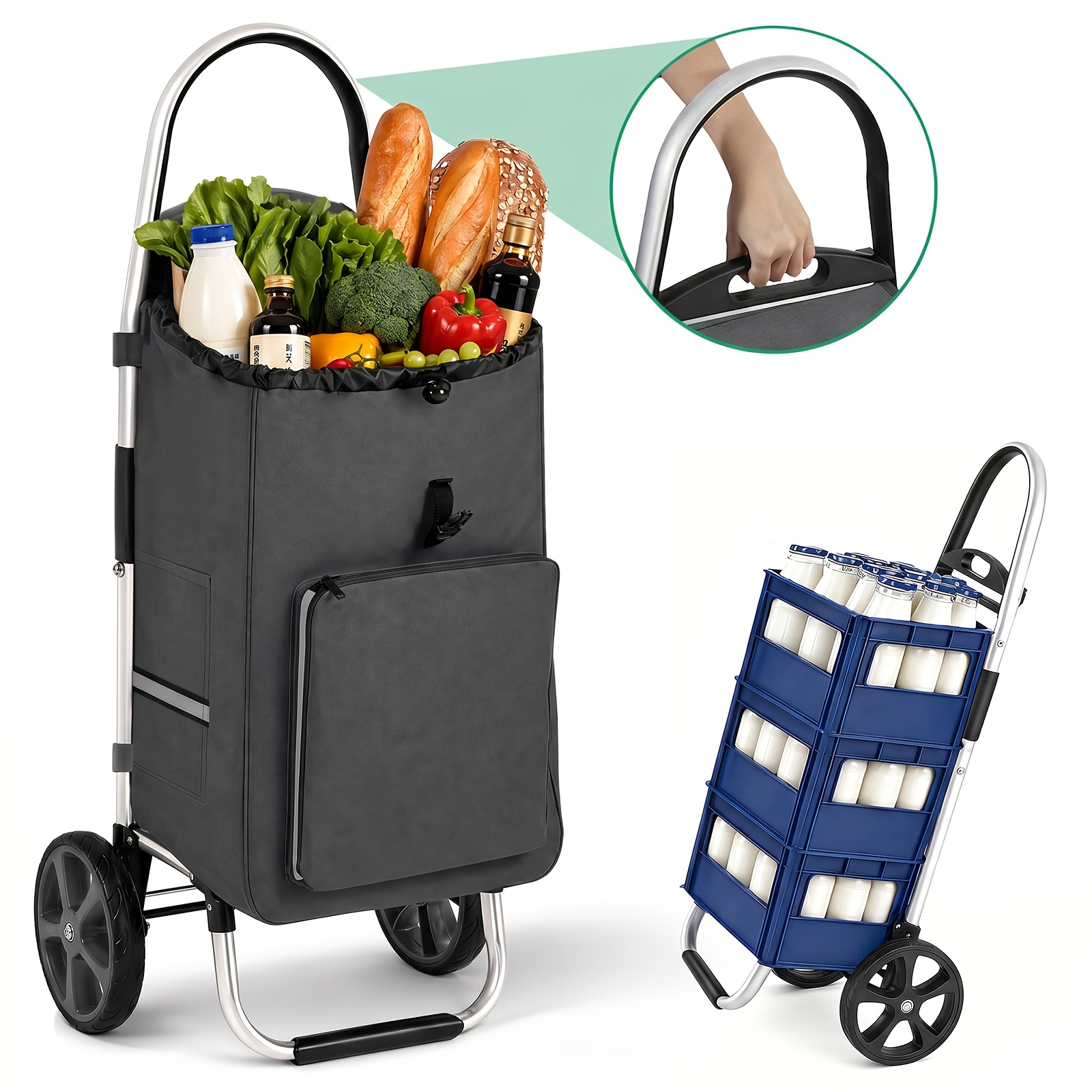 Folding Shopping Trolley 60l, 2-in-1 Foldable Shopping Cart Made Of, With Cooler Compartment And Drink Holder, Extra Large For Shopping And Camping