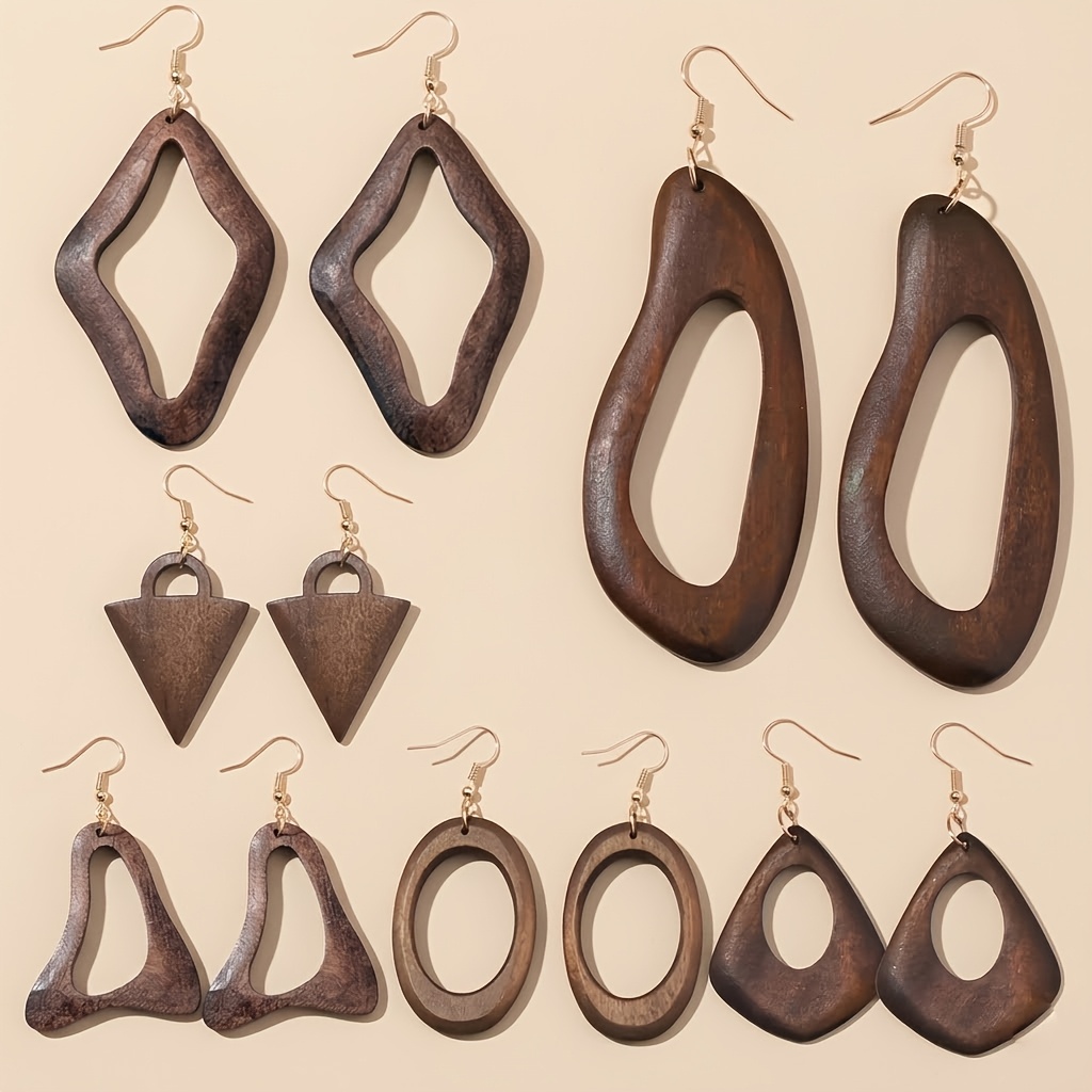 Vintage Brown Solid Wood Dangle Earring Set, 5-Pair