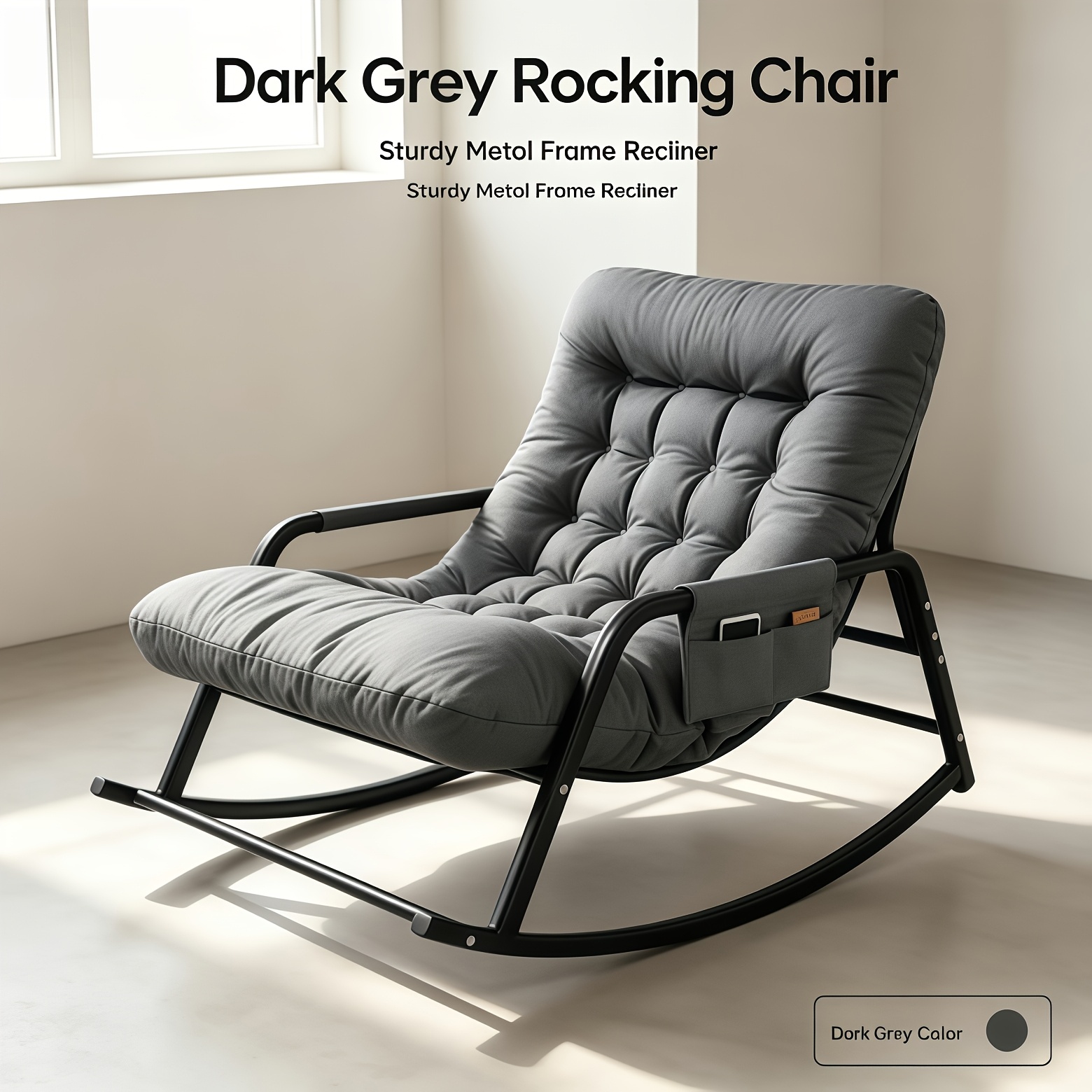Image of Modern Padded Rocking Chair, Sturdy Metal Frame Recliner Rocker With Side Storage Pocket, 330 Lbs Weight Capacity Comfy Lounge Chair For Living Room Bedroom Balcony Indoor Home Use