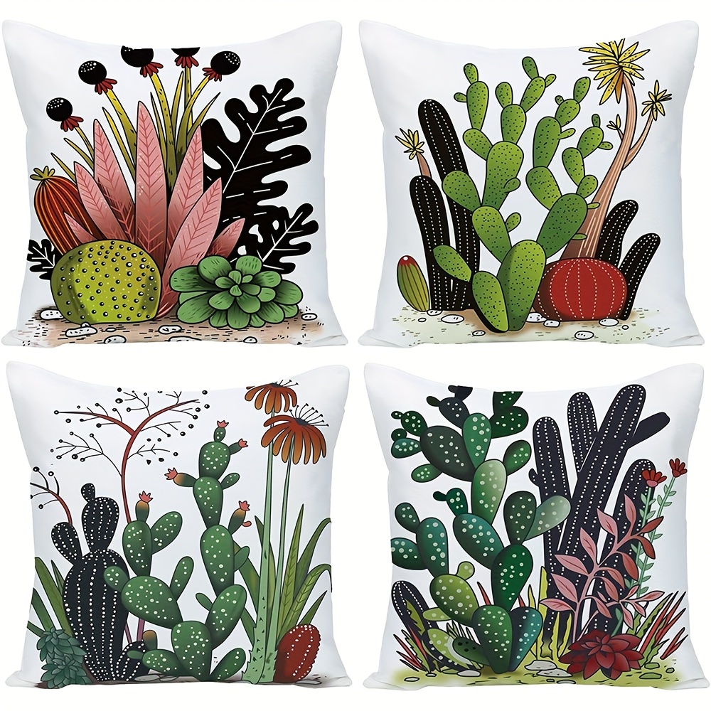 

4-piece Set Summer Cactus Decorative Pillow Covers, 18x18 Inch - Green Plant Design For Outdoor, Car, Sofa, Bed, Living Room & Study - Hypoallergenic Polyester With Zip Closure