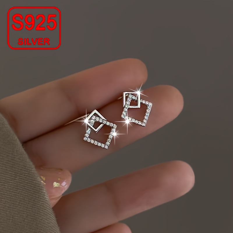 

Elegant Geometric Square Stud Earrings For Women - Hypoallergenic 925 Sterling Silvery, Weddings, Beach Vacations & Casual Attire