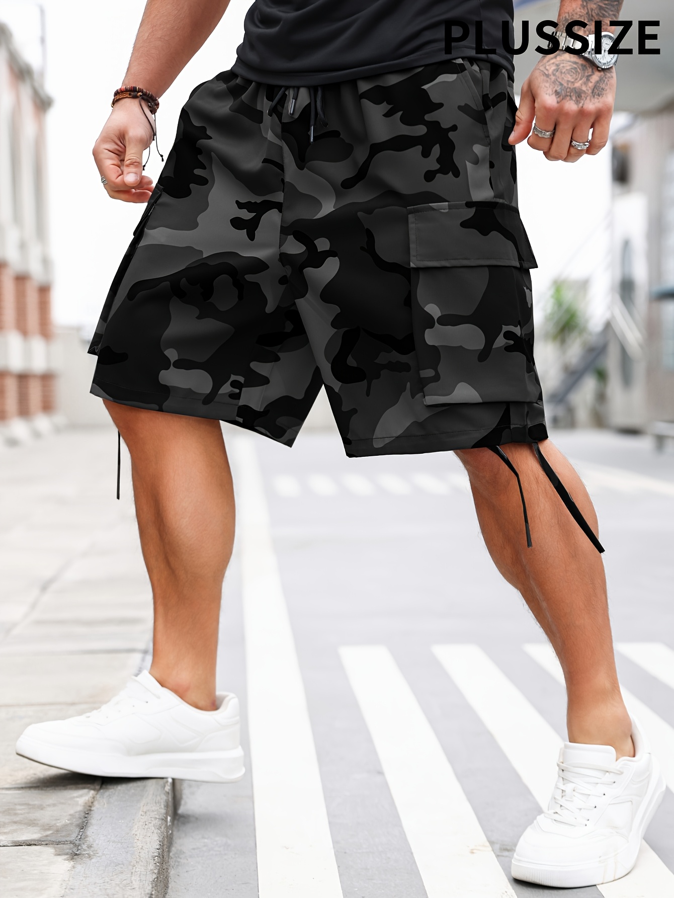 Men's Plus Size Camouflage Cargo Shorts - Elastic Waist with Adjustable Drawstring, Multiple Pockets, Regular Fit Casual Outdoor Shorts for Casual Attire, Camouflage Shorts, Comfortable Fashion, Durable Design, Summer Wear, Geometric Pattern, Nonstretch Fabric, Big And Tall, PLUS SIZE