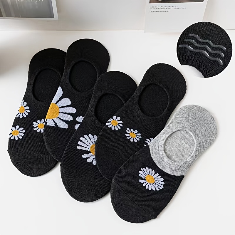 

5 Pairs Daisy Print Socks, Cute & Breathable Invisible Socks, Women's Stockings & Hosiery