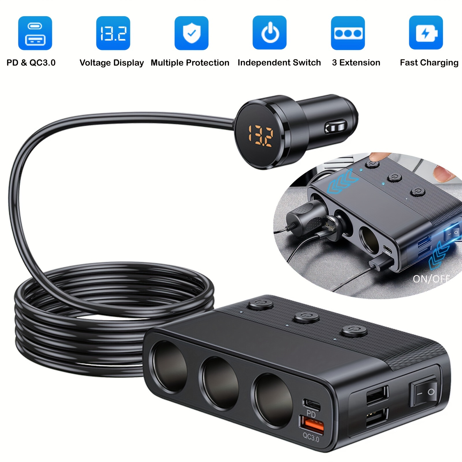 Cargador de coche USB-C, adaptador de cargador de coche USB tipo C de 3.4A  y cables de cable de carga rápida, cargador Carro encendedor para Samsung