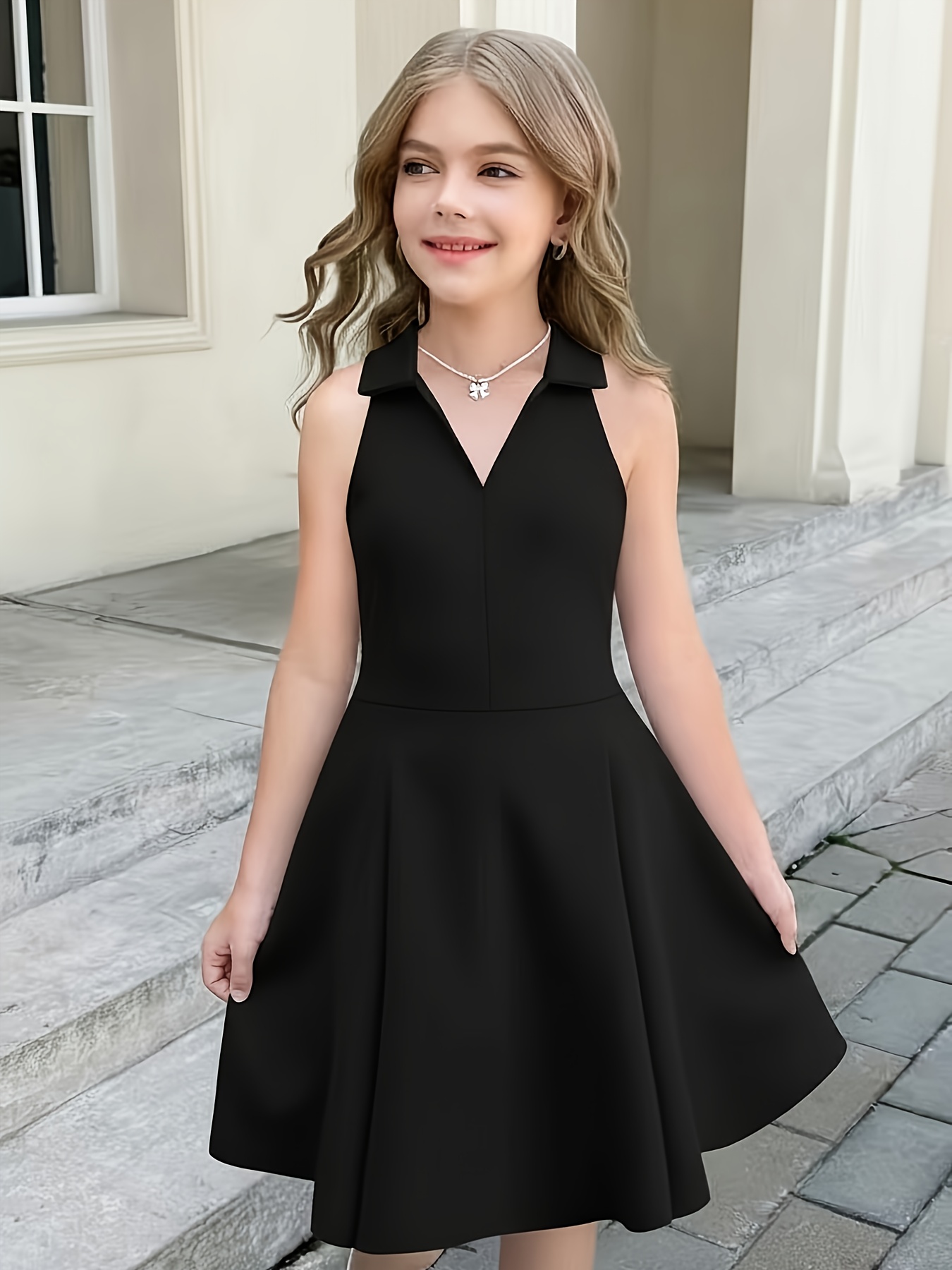 big girls black dress Ready Stock 5-14y Big Girls Dress Solid Color Ruffle Trim Halter Neck –  Catpapa main image 0