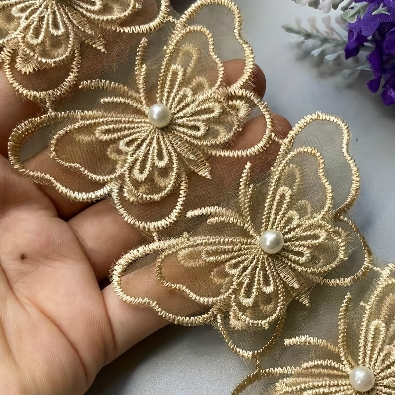 TEMU Lot de 10 pièces de fleurs, fleurs de perles, à double couche, ruban de dentelle brodée, appliques florales, patchs pour tissu de robe, couture