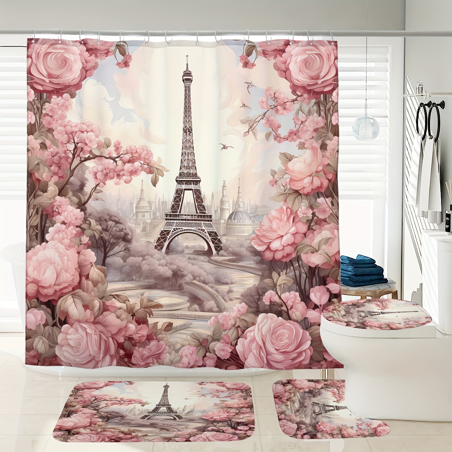 

1/3/4pcs Pink Romantic Eiffel Tower Pattern Shower Curtain Set, Shower Curtain With 12 Hooks, Non-slip Bath Mat, U-shaped Toilet Mat, Toilet Mat, Bathroom Accessories, Home Decor
