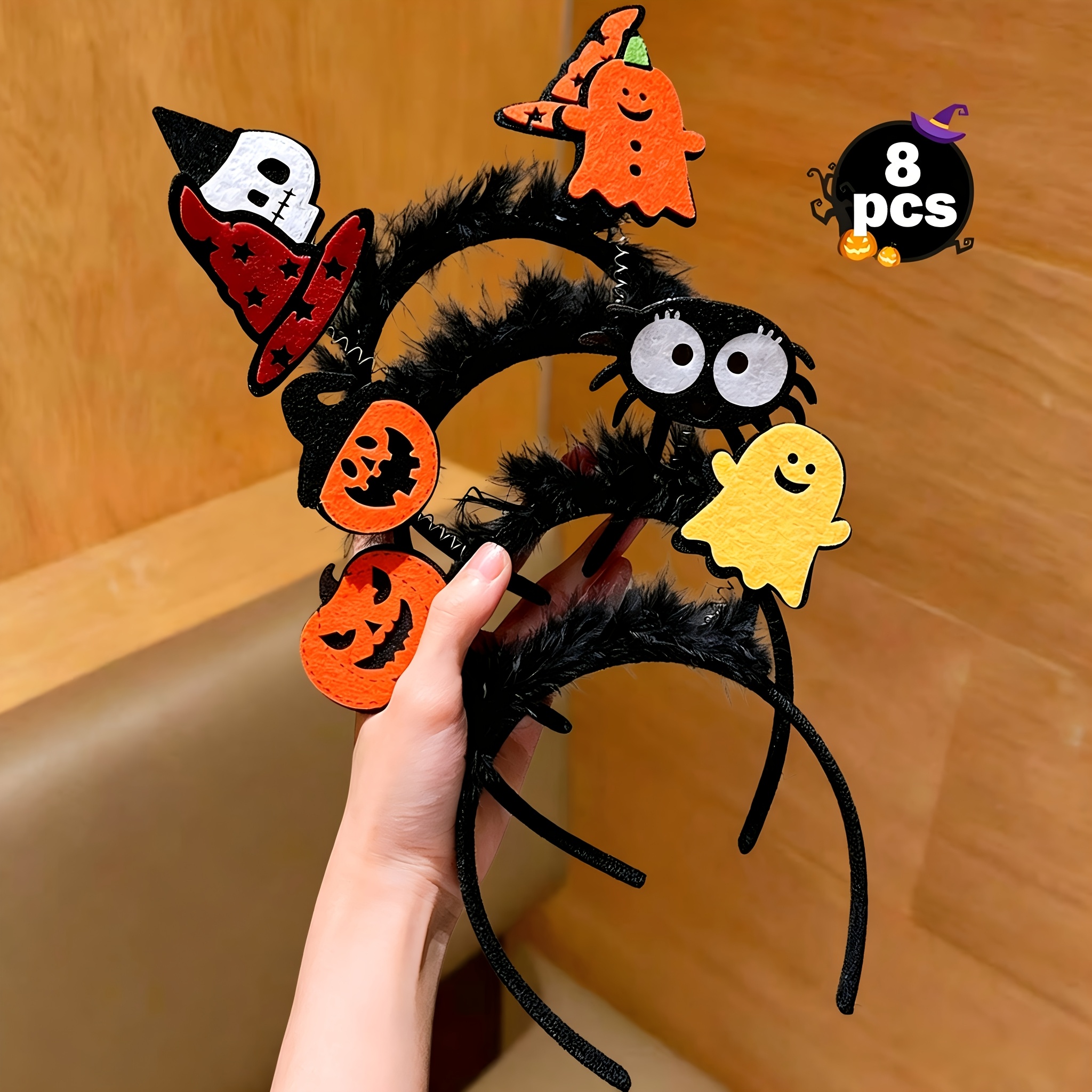 TEMU Black Plush 8pcs Halloween Headband Set, Featuring Pumpkin,, Spider, And Skull Designs. Suitable For Halloween Parties, Themed Dances, Holiday
