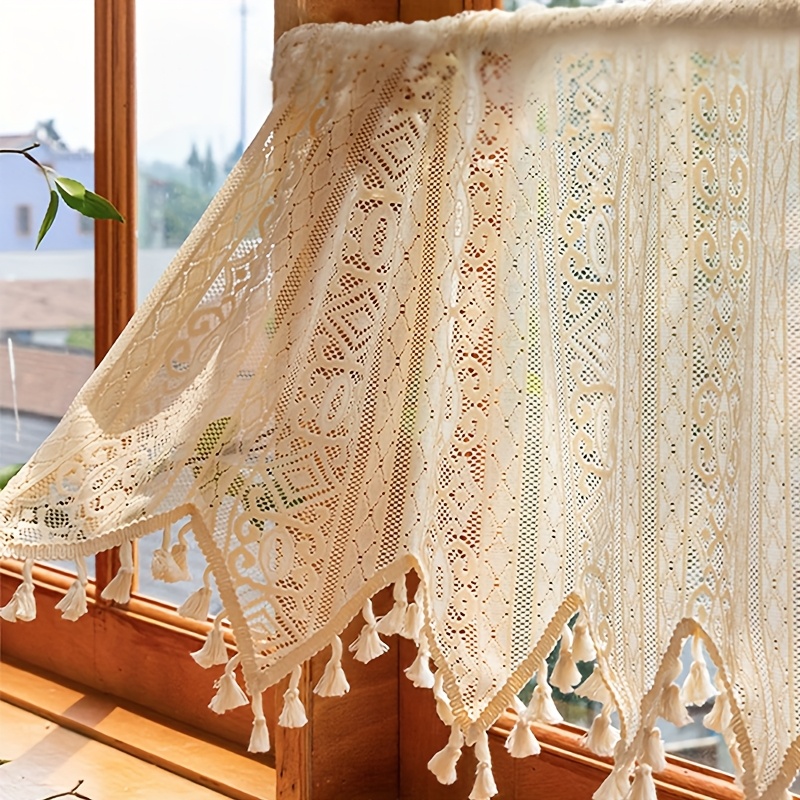 TEMU 1pc Short Sheer Curtain With Handcrafted Tassel Striped Pattern, Crochet Lace Design, Suitable For Kitchen, Cafe, Bathroom, Retro Room Decor