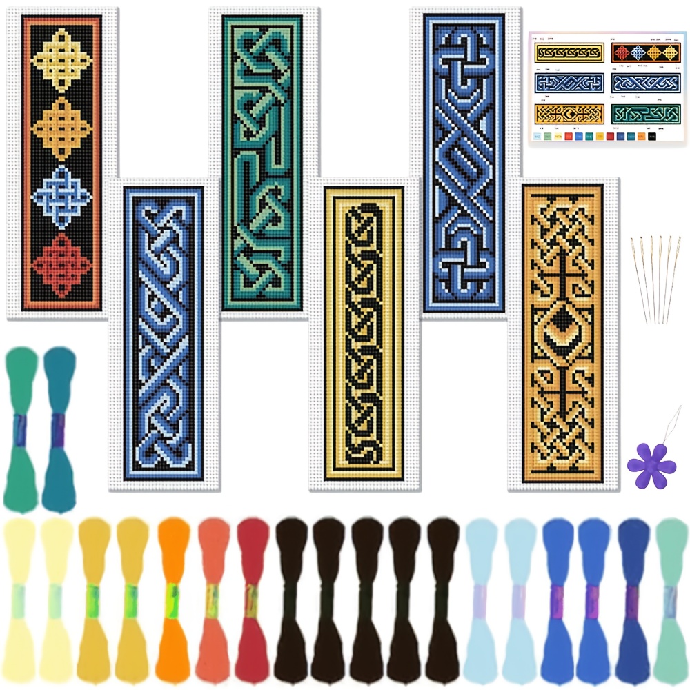 TEMU 6pcs Celtic Knot Cross Stitch Bookmark Craft Kit - With Vintage Floral Pattern Fabric Bookmarks - Includes 6pcss Printed Cross Stitch Cloth,