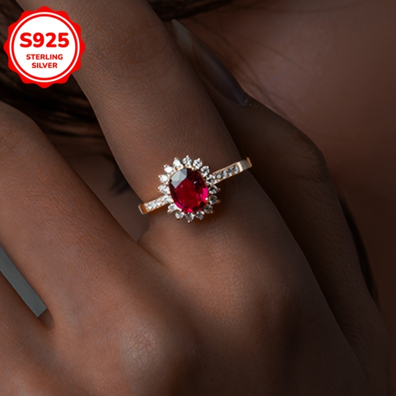 Floral Red Garnet & Cubic Zirconia Ring S925 Sterling Silver