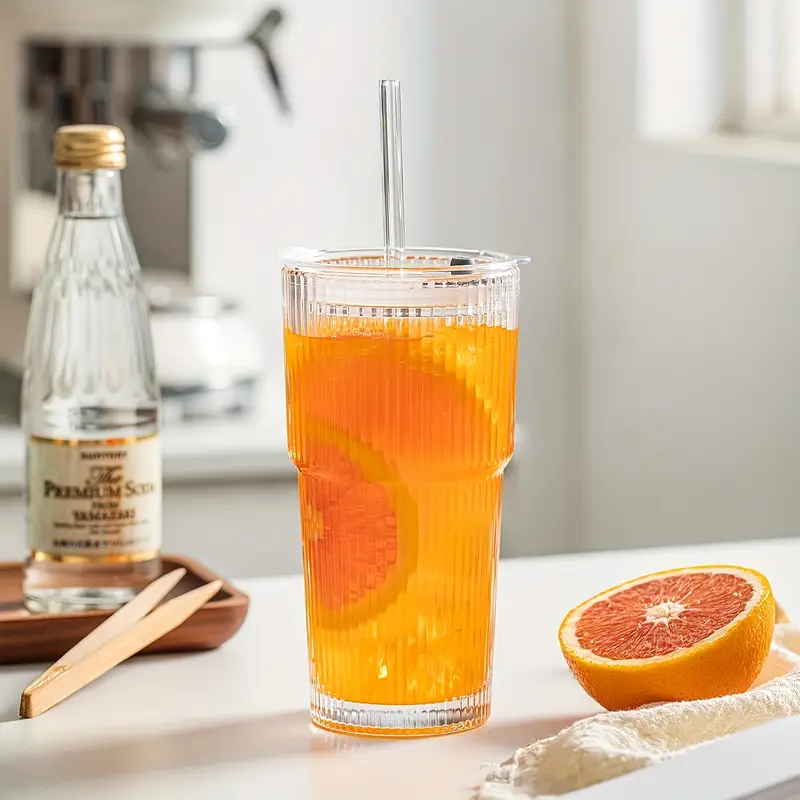 2pcs glassware set 600ml 20oz ribbed glass bucket with lid and glass straw thick glass iced coffee smoothies cocktails and juices elegant and durable beverage vessel Product details 8