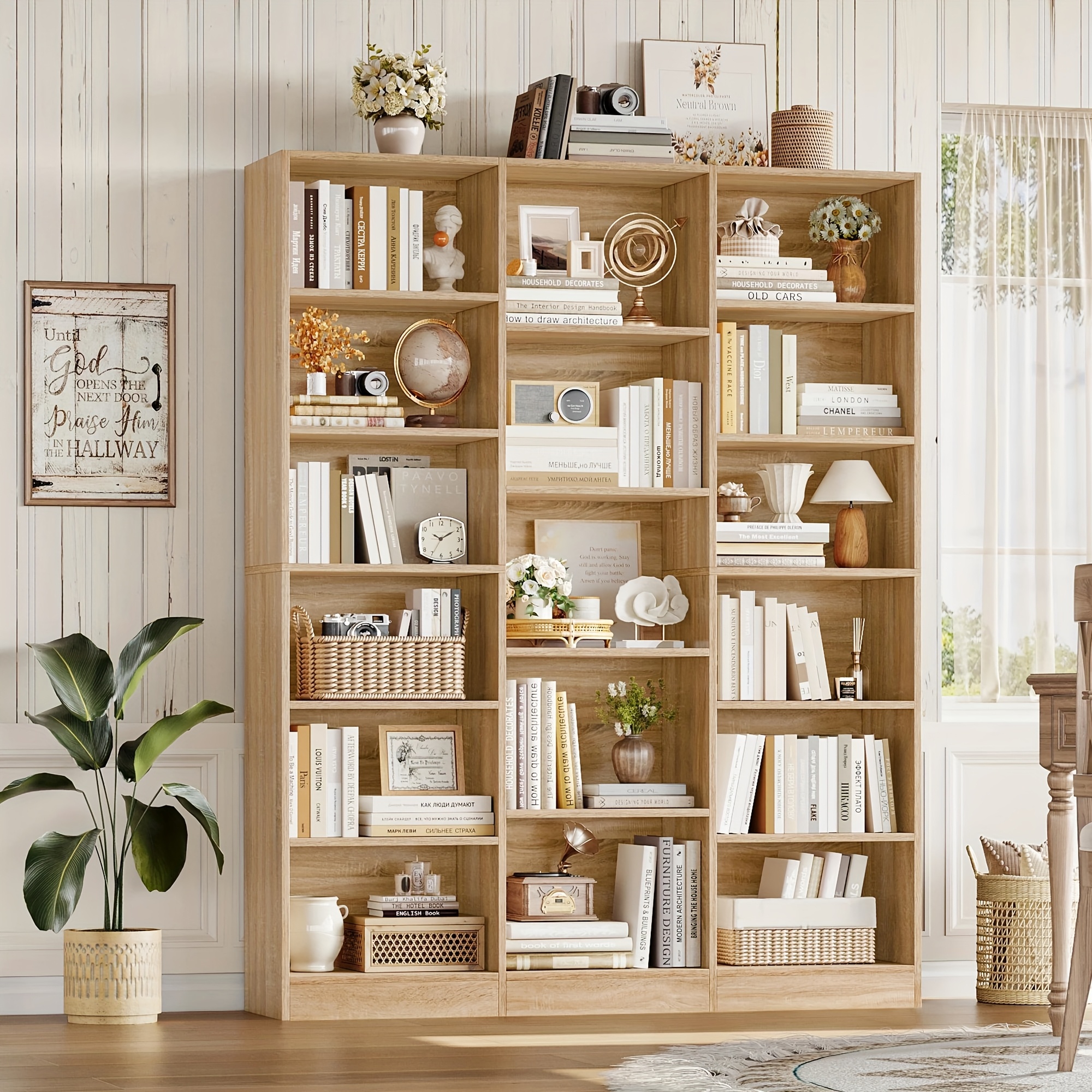 FULTRU 17-Shelf Triple Wide Bookshelf | 74" Tall 6-Tier Bookcase