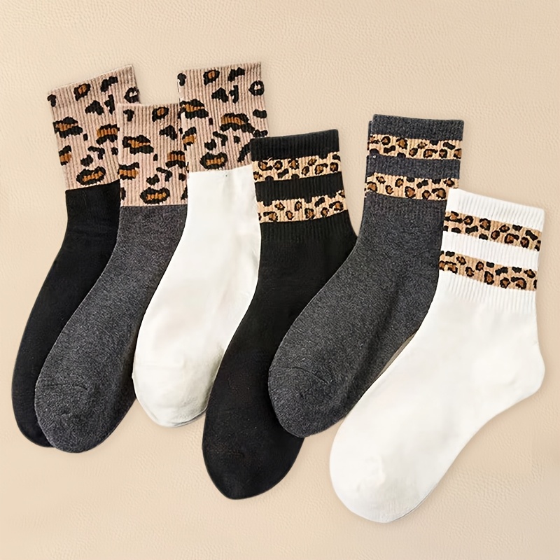 

6 Paires de chaussettes de mi-chemin à imprimé léopard, 95% polyester 5% élastan, motif géométrique, tissu tricoté, lavable en machine - Chaussettes de mode pour femmes