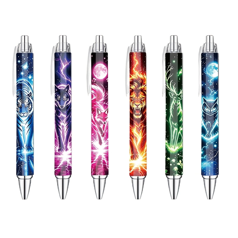 TEMU 6pcs Neon Starry Sky Lightning Click Pens, Cool Tiger, Black Wolf, Lion, , Reindeer, Owl Patterns, Smooth Writing, Suitable For Back To , Office