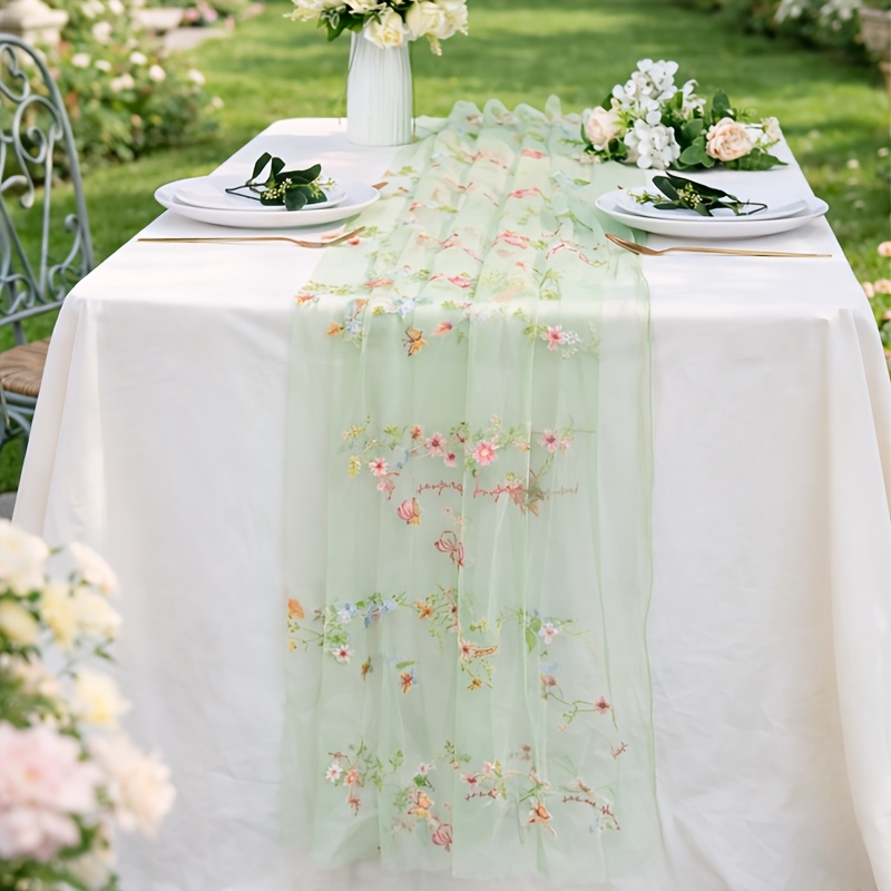 E-shop ., grüner Tischläufer mit floraler Stickerei, transparentes Netz-Tüll, Landhausstil, Tischdecke mit mehrfarbigem Blumendesign, für Wohnzimmer,