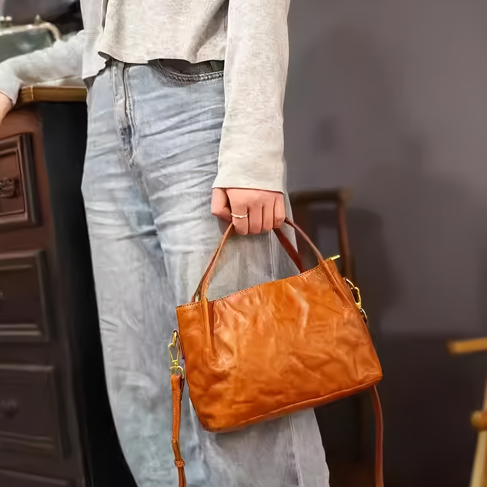 TEMU Women' Genuine Leather Hobo Bag - Vintage Tote & Crossbody Purse With Adjustable Strap, Zipper Closure, Suitable For, Travel, Everyday Use -