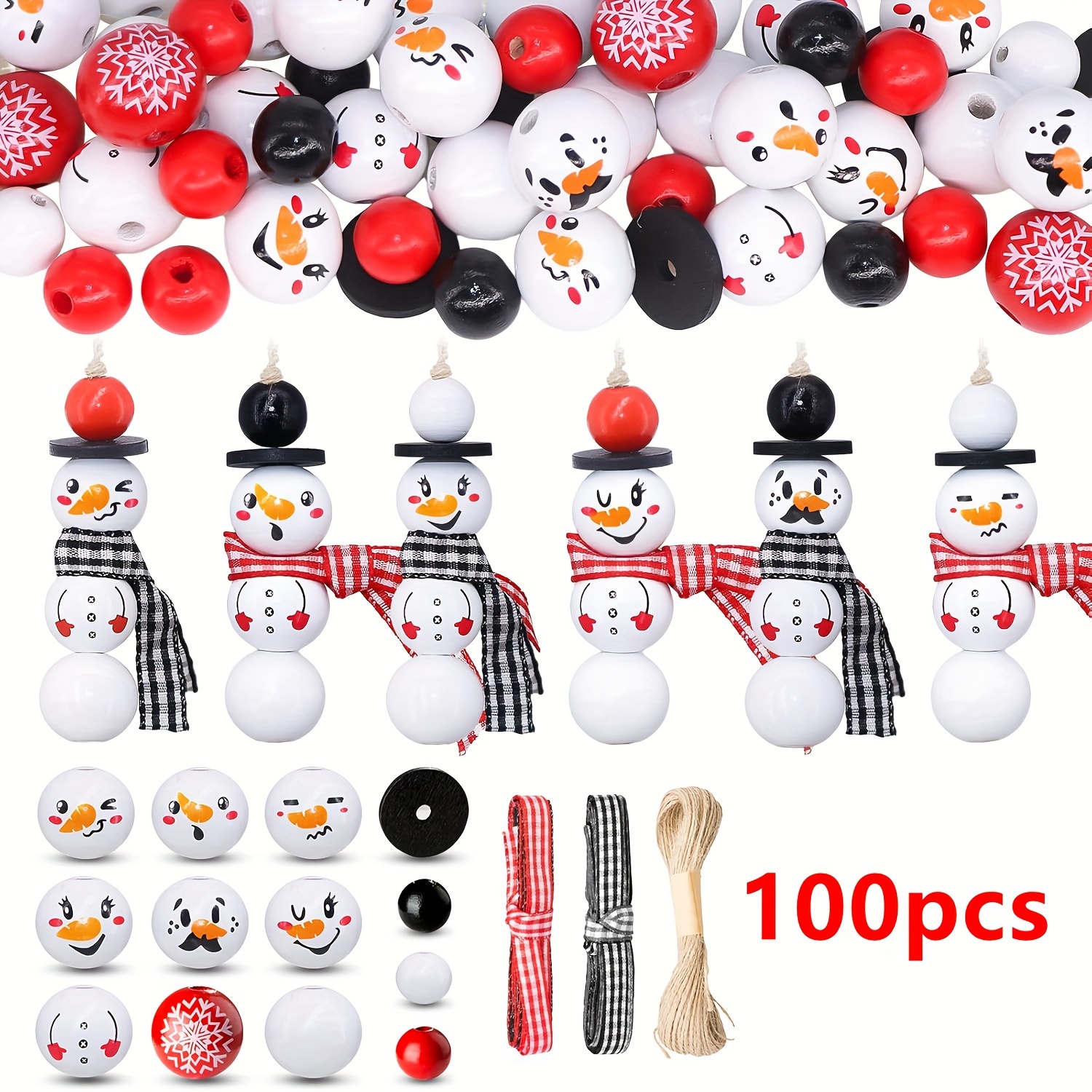 

100pcs Christmas Snowman Wooden Beads With Faces - Diy Craft & Ornament Set For Holiday Decor, Bracelets & Pendants