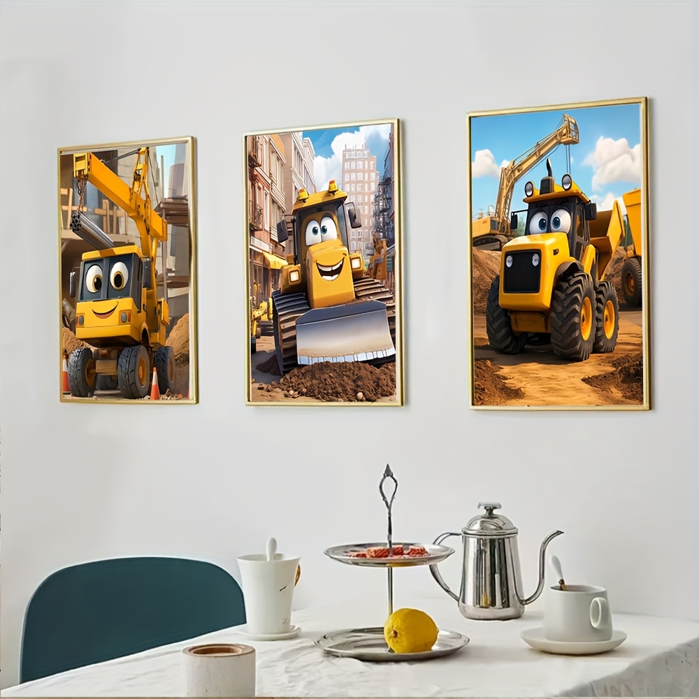 TEMU 3pcs, Frameless Decorative Painting, 2d Flat Canvas Wall Vehicles - Dump Truck, Excavator, Crane, Bulldozer For Kids' Room And Nursery, 2d Flat,