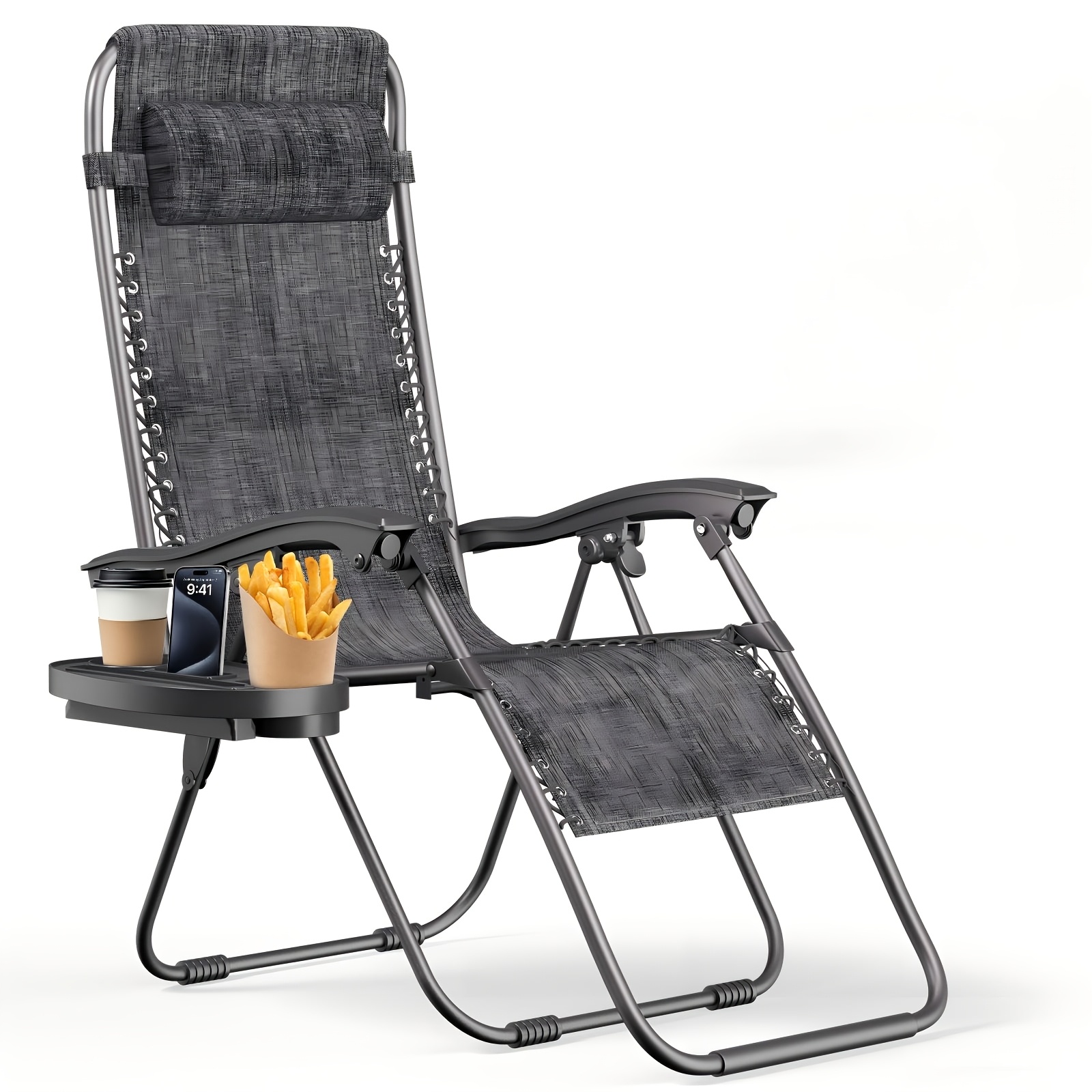 Folding 0 Gravity Lounge Chairs, 165° Adjustable Reclining Patio Chairs With Cup Holder, Portable Outdoor Recliners For Beach, Pool, Patio, Camping, Backyard, Easy To Store