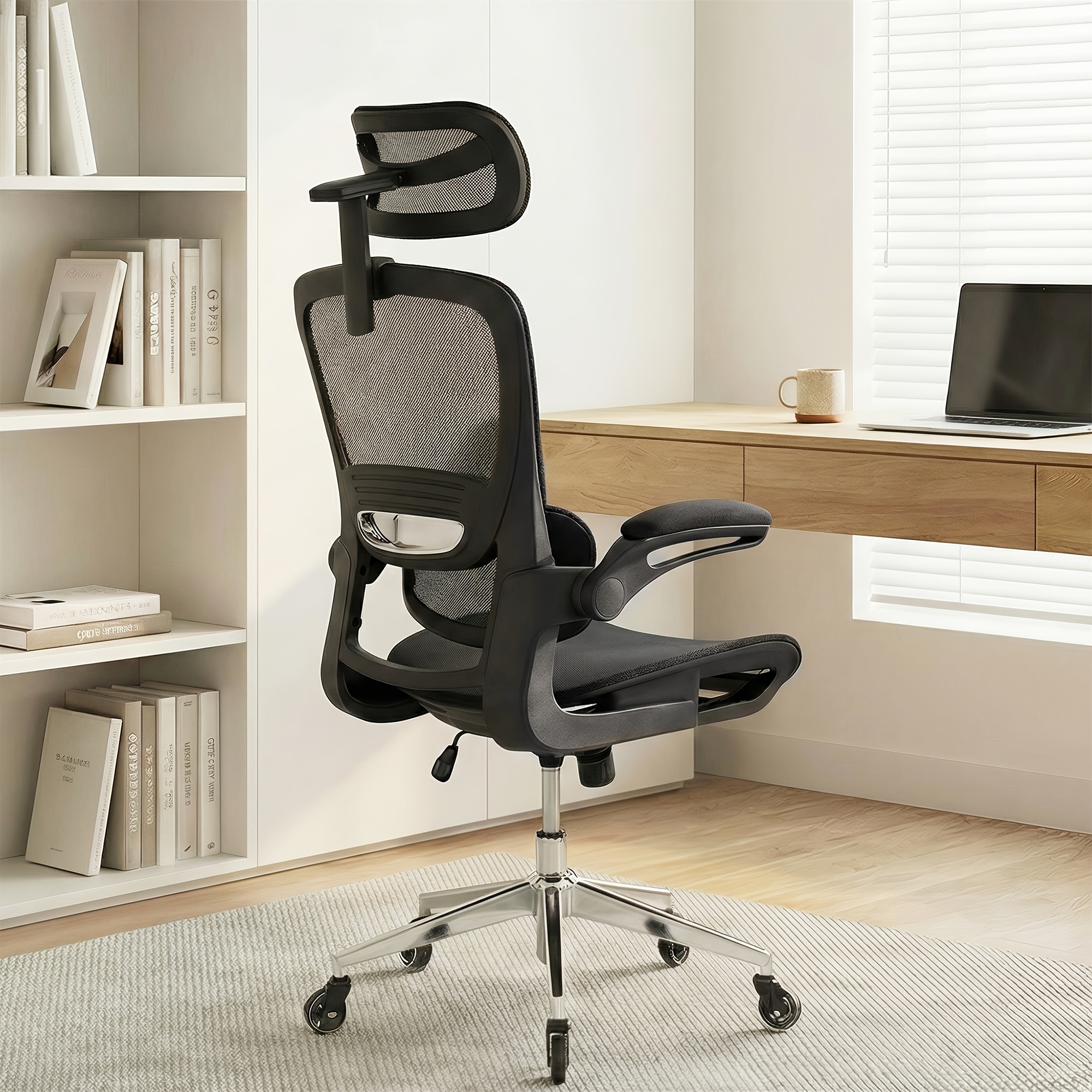 Ergonomic Office Chair With Silent Casters, Adjustable Headrest, Foldable Armrests, Adjustable Lumbar Support, Rocking Computer Chair, Load-bearing 120kg, Home Office, Leisure, Gift, Black And Gray