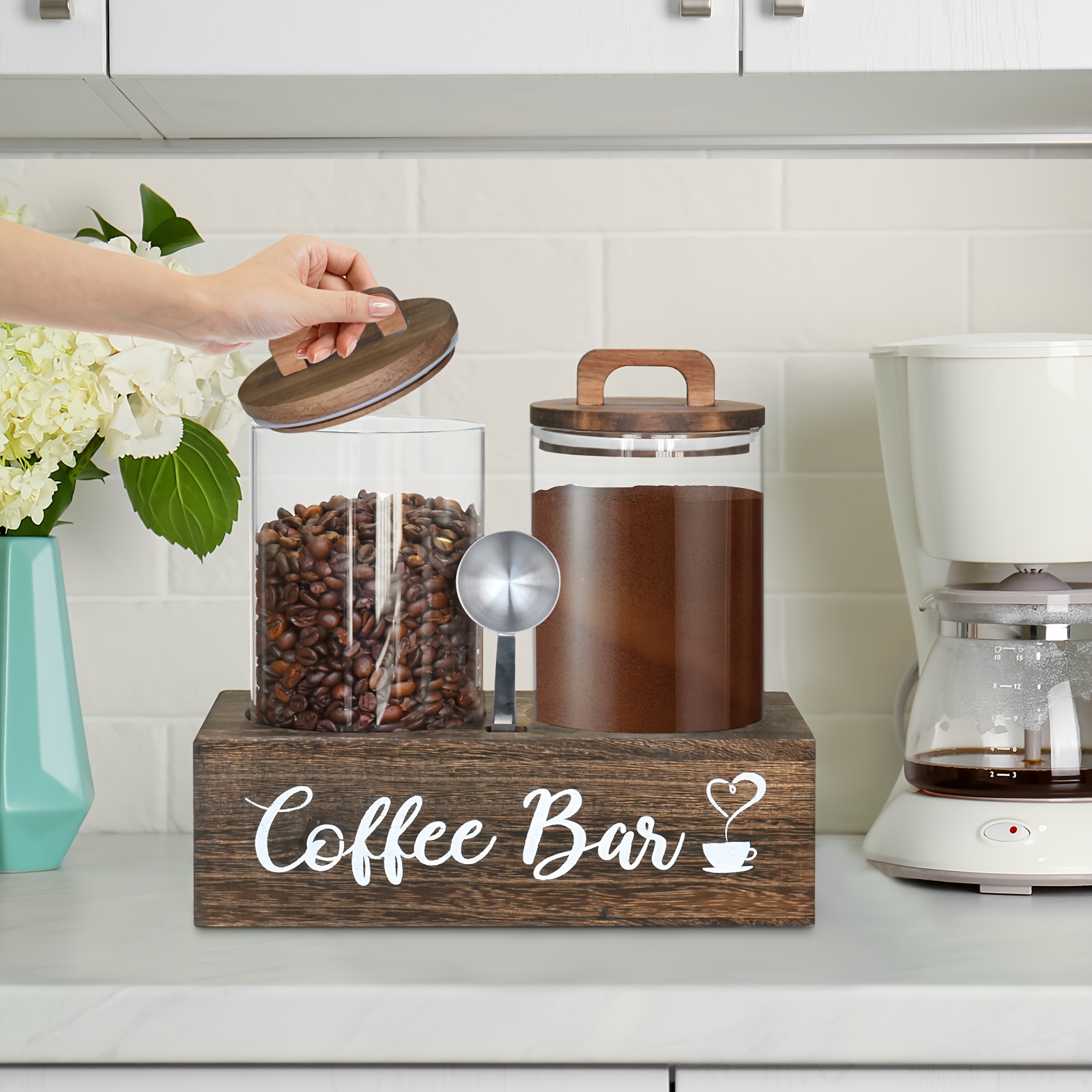 

Glass Coffee Containers With Shelf, Coffee Station Organizer, Coffee Canister With Scoop, 2x48oz Coffee Bean Storage With Airtight Locking Clamp, Coffee Container For Ground Coffee