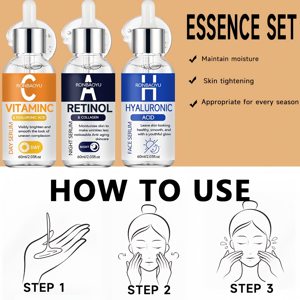 RONBAOYU Set Triplu Seruri 3 Bucăți cu Vitamina C, Retinol, Acid Hialuronic, Colagen, Acid Tranexamic, Niacinamidă și Glutation, pentru Luminozitate, Fermitate, Hidratare Profundă, pentru Toate Tipurile de Piele, Utilizare Zi și Noapte, Esențial pentru Călătorii