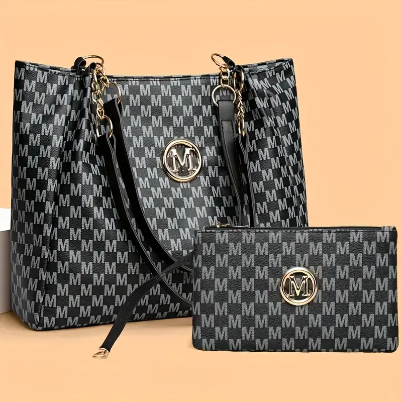 2pcs womens vintage shoulder bag set large capacity tote bag with fixed shoulder strap synthetic zipper closure polyester lining lightweight random print design daily commuting and carrying cell phones details 2