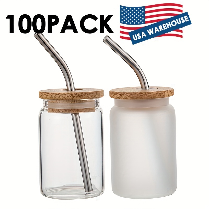 

100 Packs, 3.5 Oz Clear Frosted Cute Mini Sublimation Blank Healthy Juice Shot Glass Tumbler Can Glasses With Bamboo Lid And Metal Straw