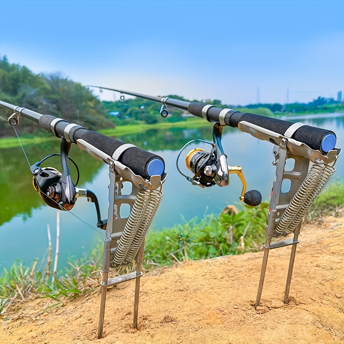 

1pc Auto-deploy Fishing Rod Holder - High Sensitivity, Dual Spring Activation - Ideal For Hands-free Ground Fishing, Stainless Steel Construction, Companion