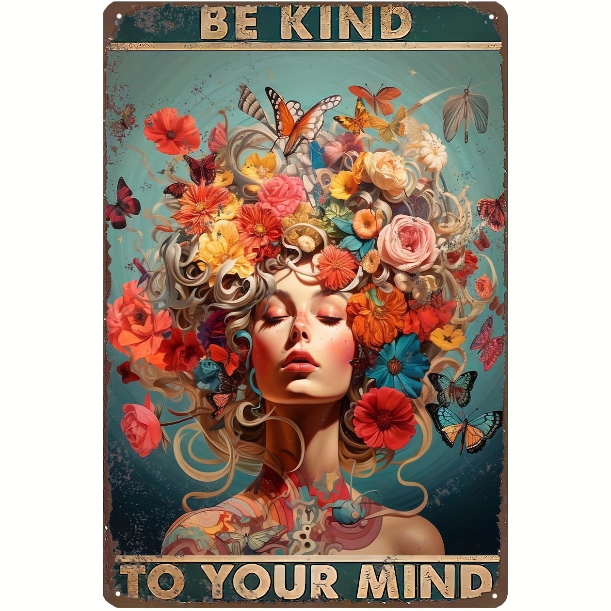 

1pc Vintage Posters Mental Health Wall Art Be Kind To Your Mind-floral Woman Gift Posters For Room Aesthetic Floral Woman Tin Sign 8x12in