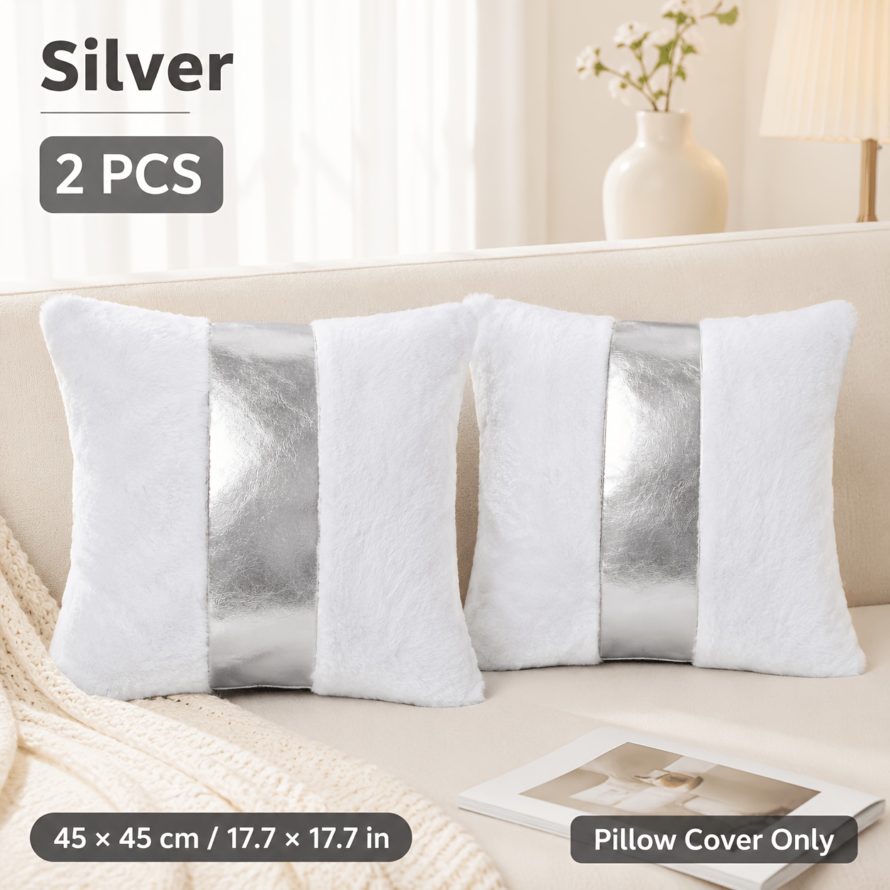 TEMU 2pcs White Faux Throw Pillow Covers, Golden/silvery Metallic Pu Leather Stripe Cushion Covers, Soft Plush Decorative Pillowcase Set For Sofa