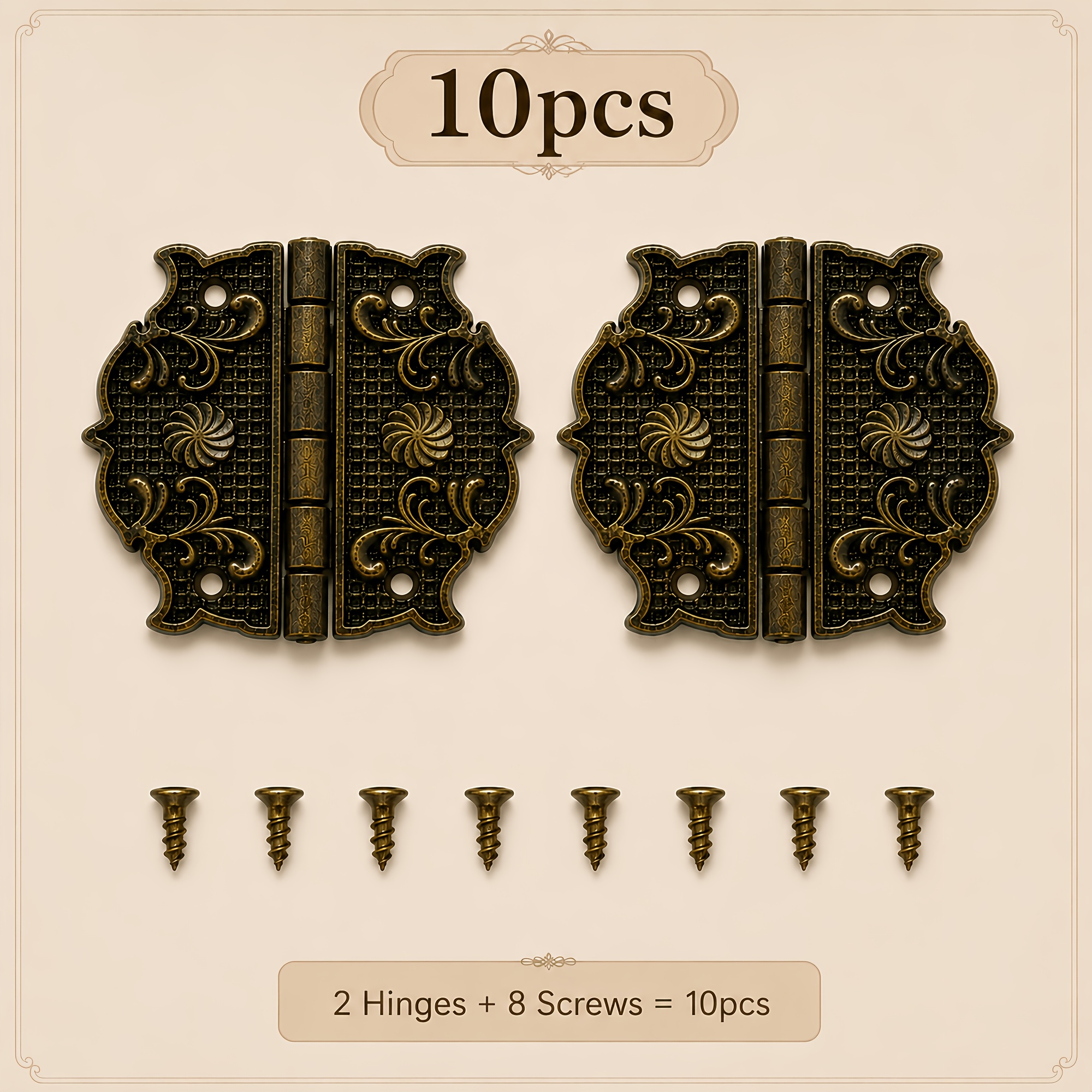 TEMU 10 pezzi Cerniere decorative in antico, 2 cerniere + 8 viti di montaggio, motivo inciso, con viti, adatte per scatole di legno, scatole regalo,