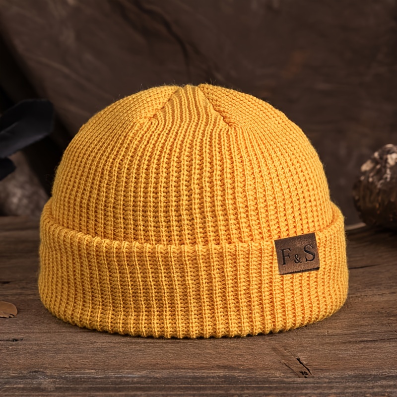fs unisex knitted beanie hat leather tag machine washable - Temu