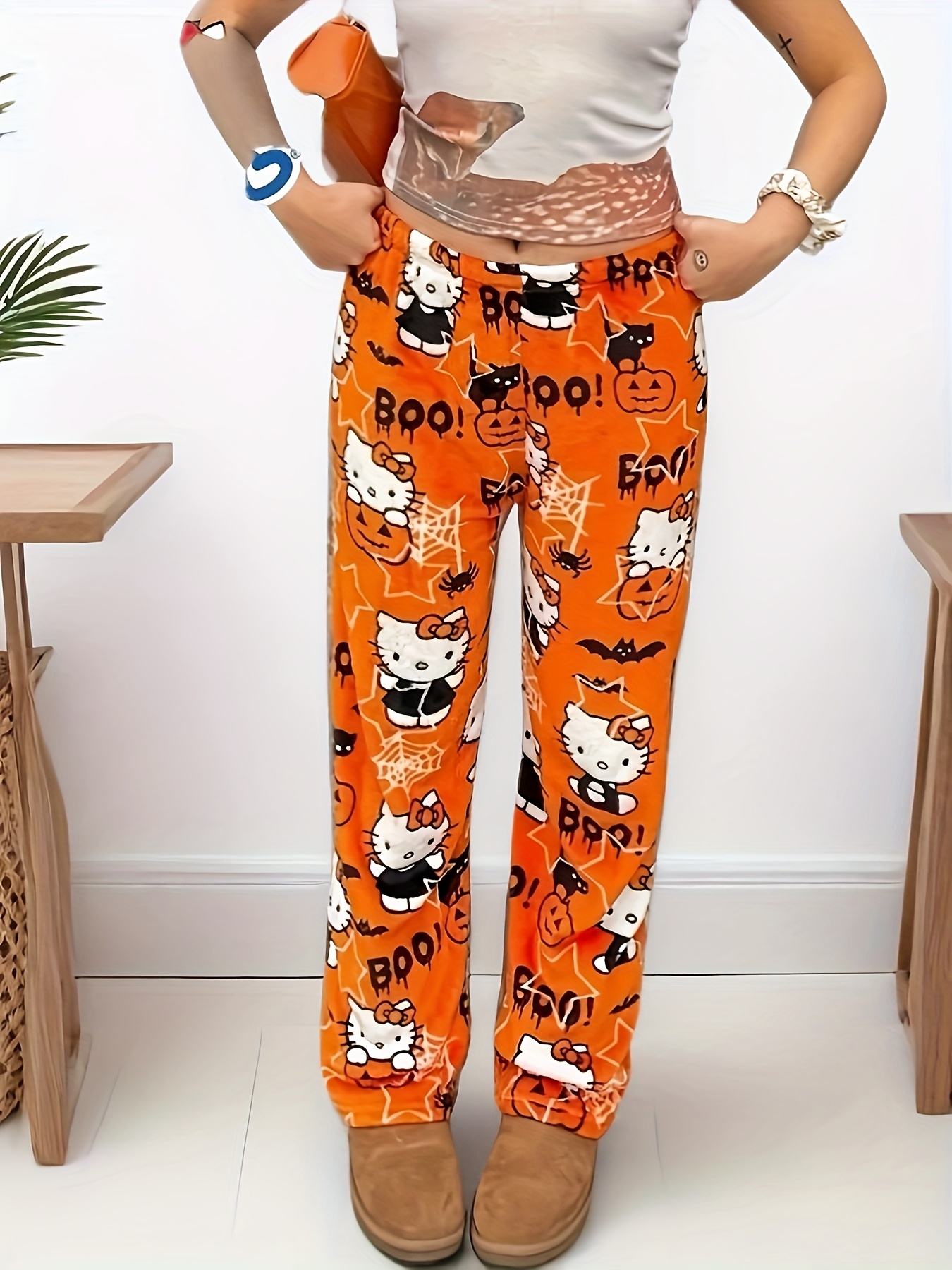 Halloween Pyjama Hose Damen - Flanell Schlafanzug Mit Kürbis & Geister Druck