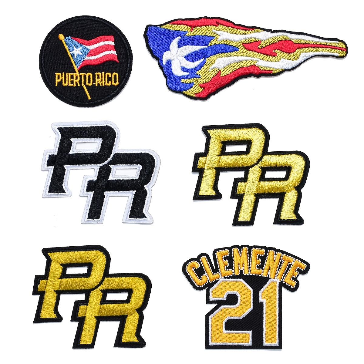 

6pcs Puerto Embroidered Patches Set, Mixed Color, Includes 3 Pr Letter Designs, 2 National Flags & 1 21 Patch, Sports & Decor