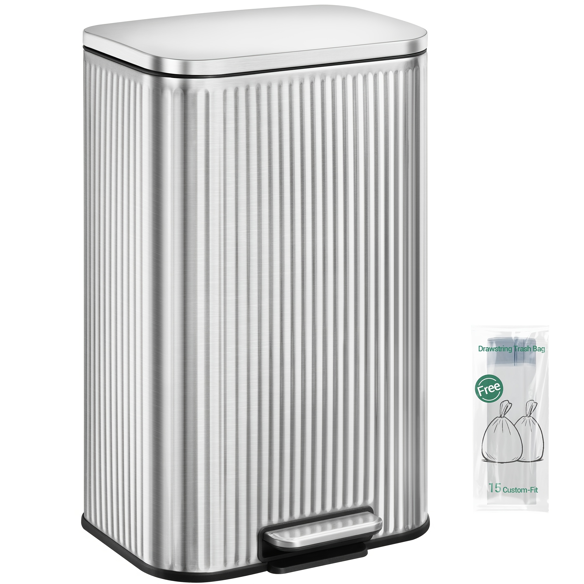 Kitchen Trash Can, 30 Pedal Trash Can With Removable Inner Bin, Modern Striped Design, Lid And 15 Trash Bags
