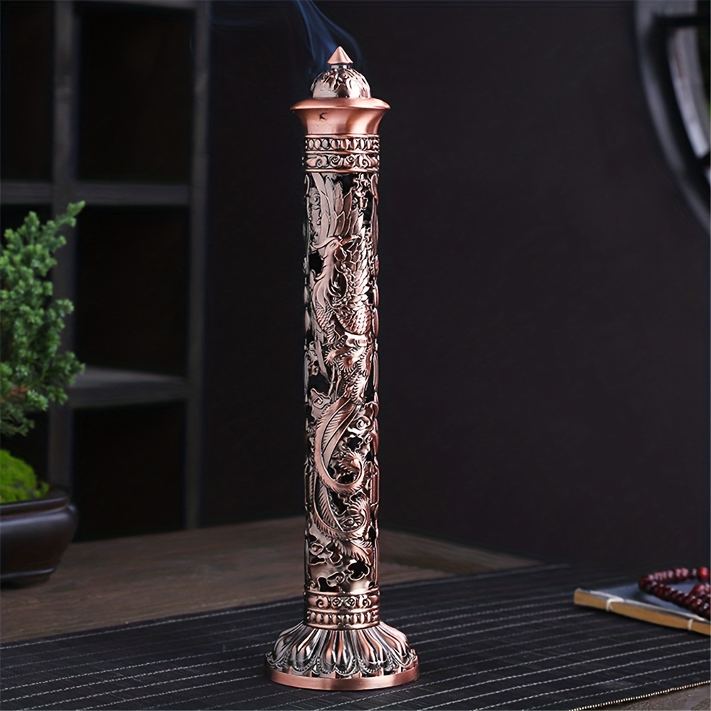 TEMU Metal Retro Dragon Phoenix Relief Vertical Incense Holder, Hollow Carving Vintage Style Vertical Incense Stick Holder, Dragon Phoenix Relief