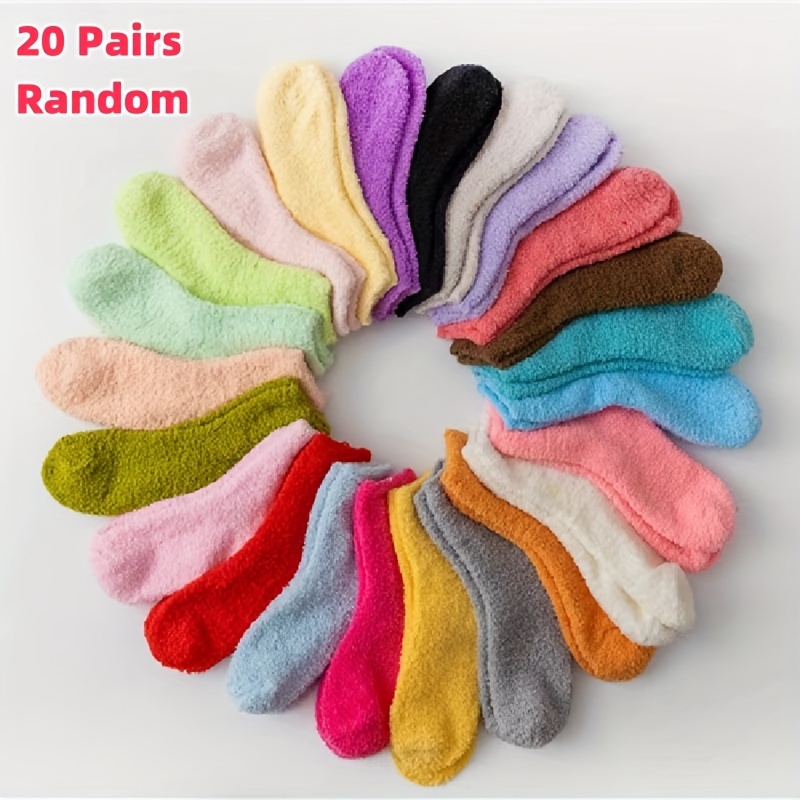 

20 Pairs Solid Coral Fleece Socks, Thick Warm Candy Colored Crew Socks For Fall & Winter, Women's Stockings & Hosiery