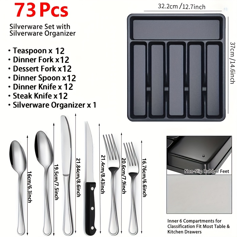 60/73pcs, Stainless Steel Cutlery And A Storage Box, Suitable for 12 People; Mirror-polished Kitchen Utensils, Steak Knives, Spoons, Forks, And Tray, Ideal for Wedding, Camping, Home, Birthday, Suitable for Parties And Christmas Party. - Image 2