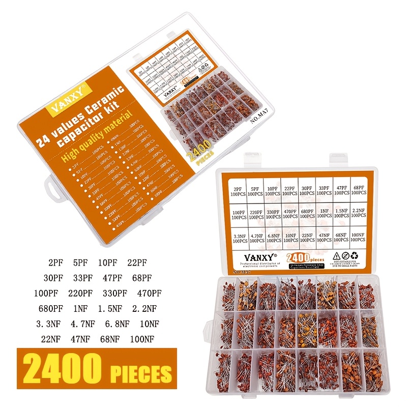 

2400pcs Ceramic Capacitor Kit - 50v, 1pf To 100nf Range With Assorted Values For Electronics & Industrial Use