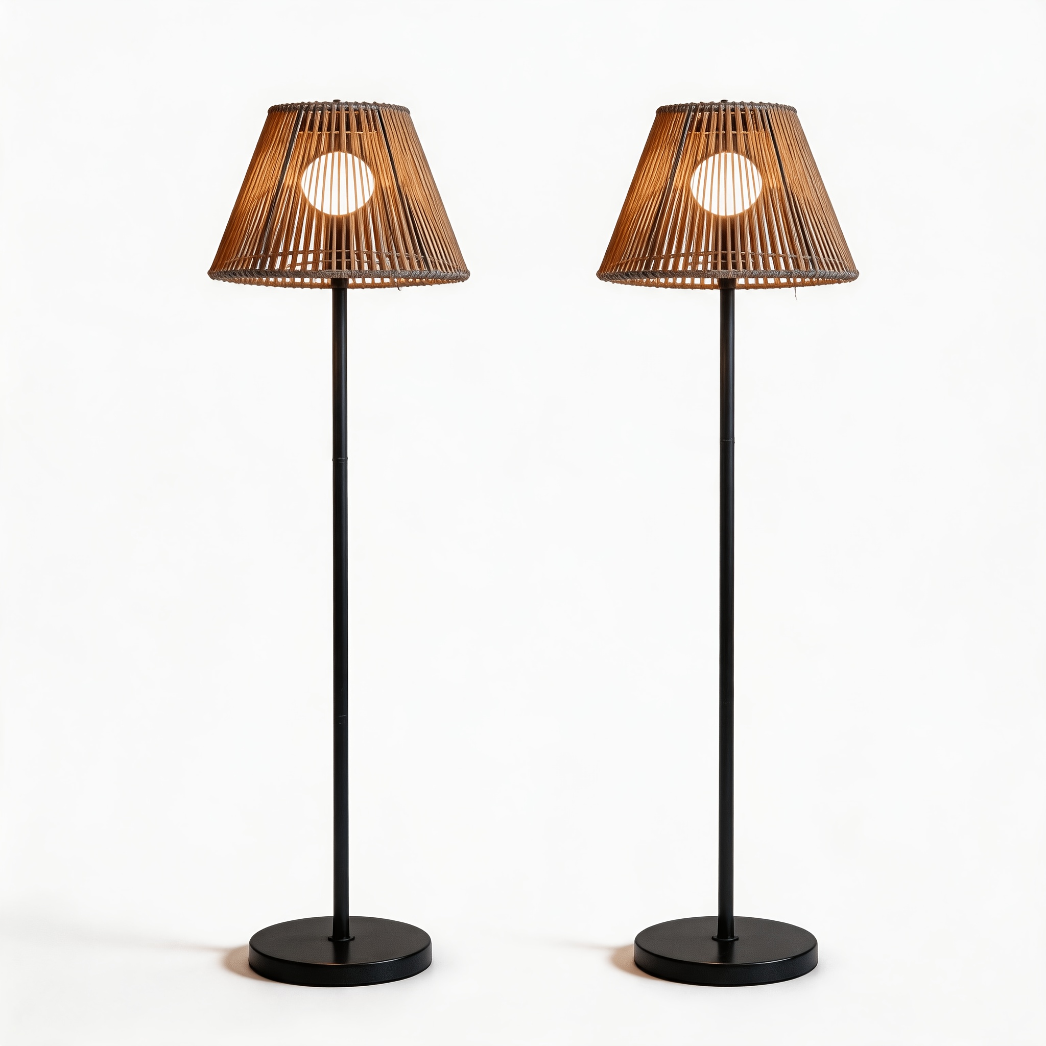 Image of 2 Pack Solar Powered Outdoor Floor Lamp, Boho Rattan Shade Garden Light, Adjustable Height Stand Lamp Ip44 Decor For Porch Backyard