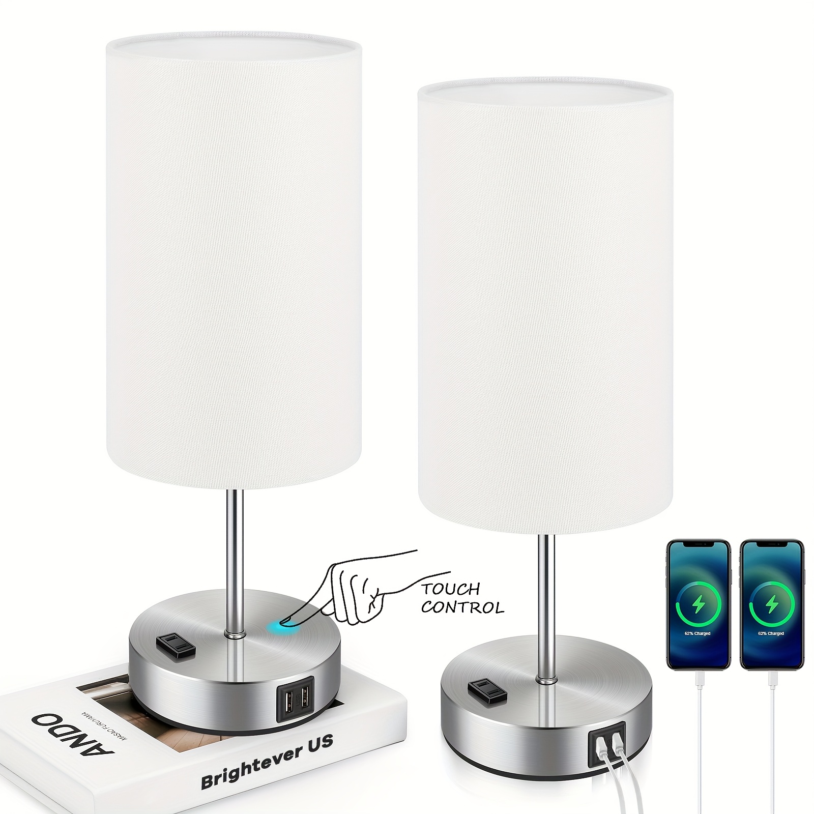 

1/2 Pack 3 Way Dimmable Bedside Table Lamps For Bedroom With Usb C And A , Small Lamps With Ac Outlet For Reading, Bedroom, Living Room, Perfect Gifts, Bulbs Included