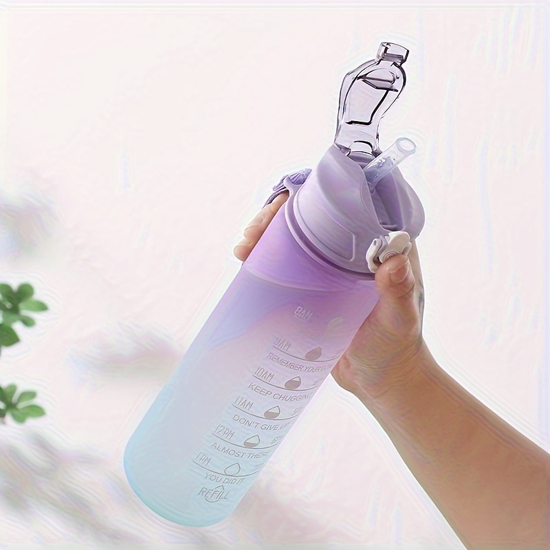 

1pc 1000ml Motivational Sports Water Bottle With Straw, High-temperature Resistant, Gradient Frosted Design, Leakproof, Time Marker, For Fitness, Gym, Outdoor - Rainbow Colors