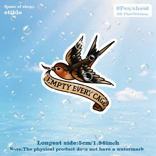 9pcs sheet empty cage tone swallow vegan tattoo vinyl sticker for car bumpers windows laptops trucks water bottles phone cases helmets motorcycles toolboxes guitars scooters whimsical design