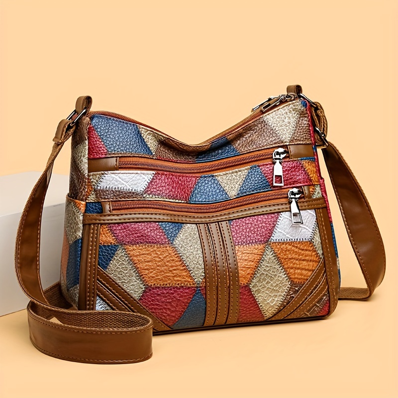 TEMU Geometric Crossbody Bag, Vintage Style, Color Block Pattern Bag For Women, Multi-layer Shoulder Purse For Daily Use