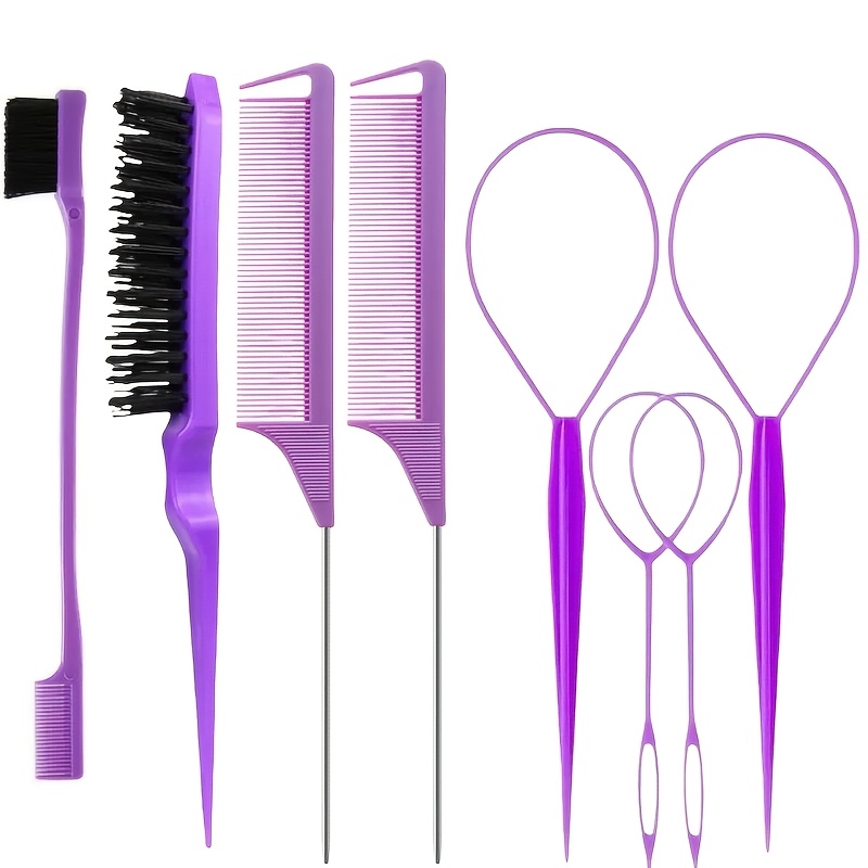 TEMU 8pcs Hair Brush Set With 4pcs Topsy Hair Tail Tools, 1pc Bristle Teasing Hair Brush, 1pc Edge Control Brush, And 2pcs Metal Pin Rat Tail Combs