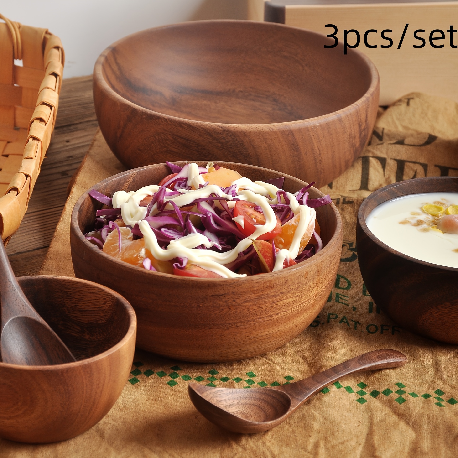 

3pcs Modern Hand Polished Solid Wood Salad Bowl Rice Bowl Dipping Bowl Suitable For Home Kitchen Picnic Camping Hot Pot Dipping Salad Fruit Ideal For Kitchenware