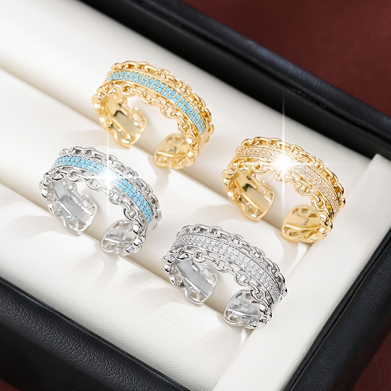 Adjustable Double Chain Open Ring with Zirconia Stones